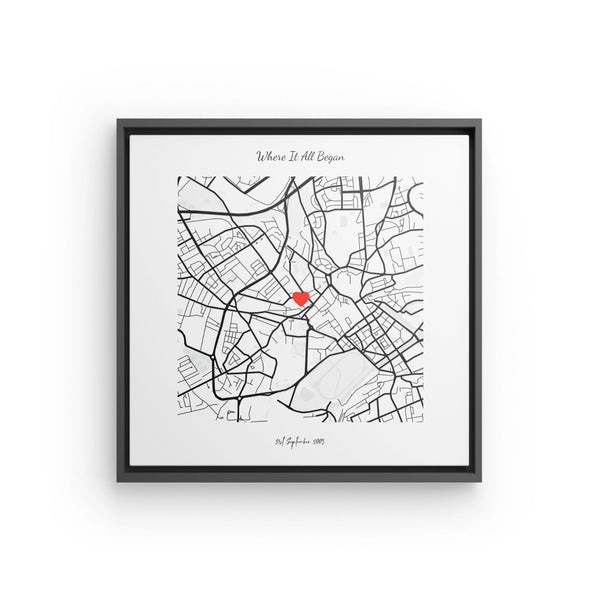 The Map of our first Date, Canvas on a floating black frame